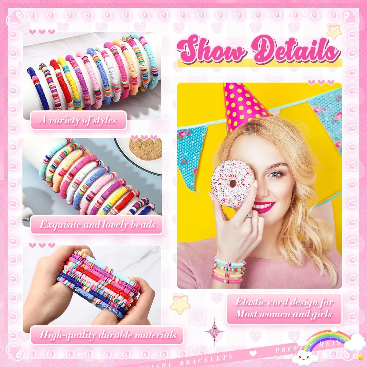 100 Pcs Preppy Heishi Surfer Bracelets Set Colorful Beaded Stretch Bracelets Clay Bracelets for Women Teens