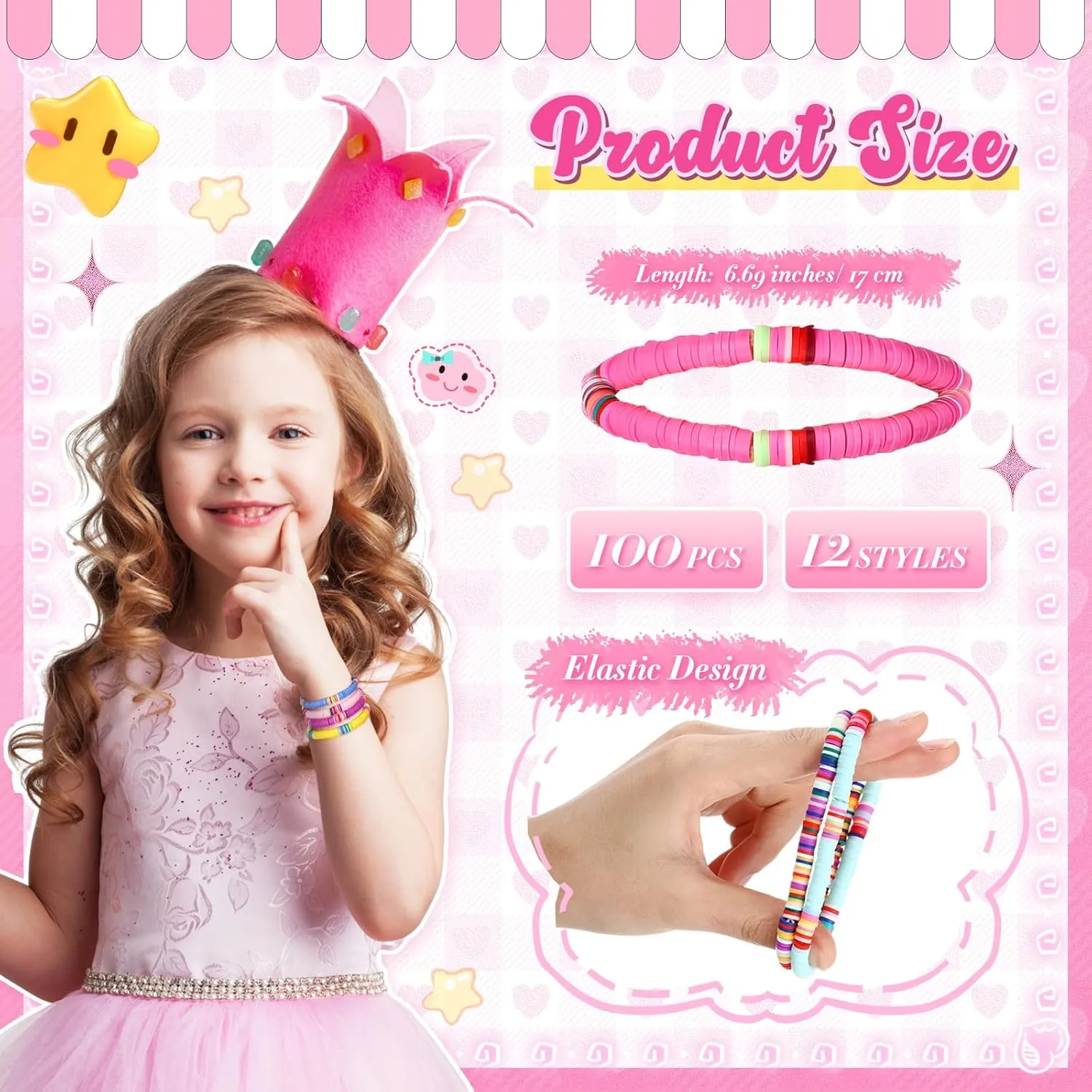 100 Pcs Preppy Heishi Surfer Bracelets Set Colorful Beaded Stretch Bracelets Clay Bracelets for Women Teens