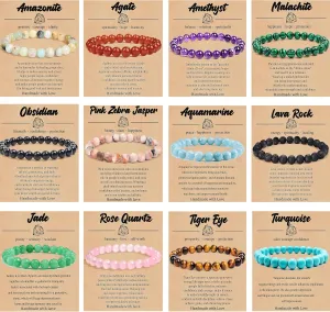 12 PCS 8mm Semi-Precious Gemstone Beaded Bracelets Natural Crystal Bracelets for Women Men, Round Gemstones Stretch Bracelet, Yoga Bracelets Jewelry Gifts