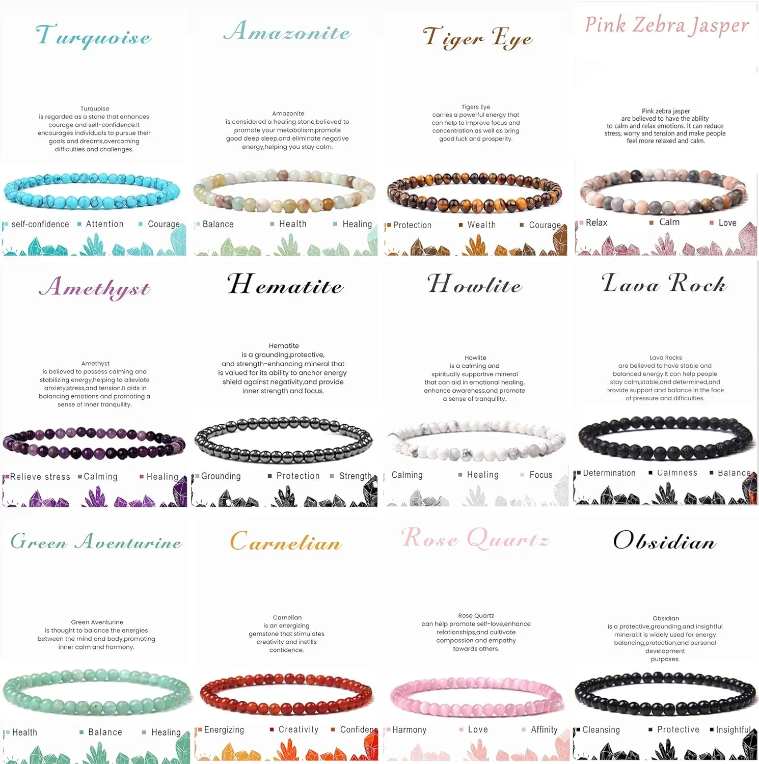 12Pcs 4mm Crystal Beaded Bracelets for Women Men Semi-Precious Gemstones Bracelets Crystal Beaded Bracelet Unisex Adjustable Stretch Bracelets