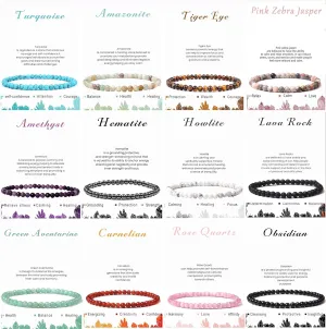 12Pcs 4mm Crystal Beaded Bracelets for Women Men Semi-Precious Gemstones Bracelets Crystal Beaded Bracelet Unisex Adjustable Stretch Bracelets