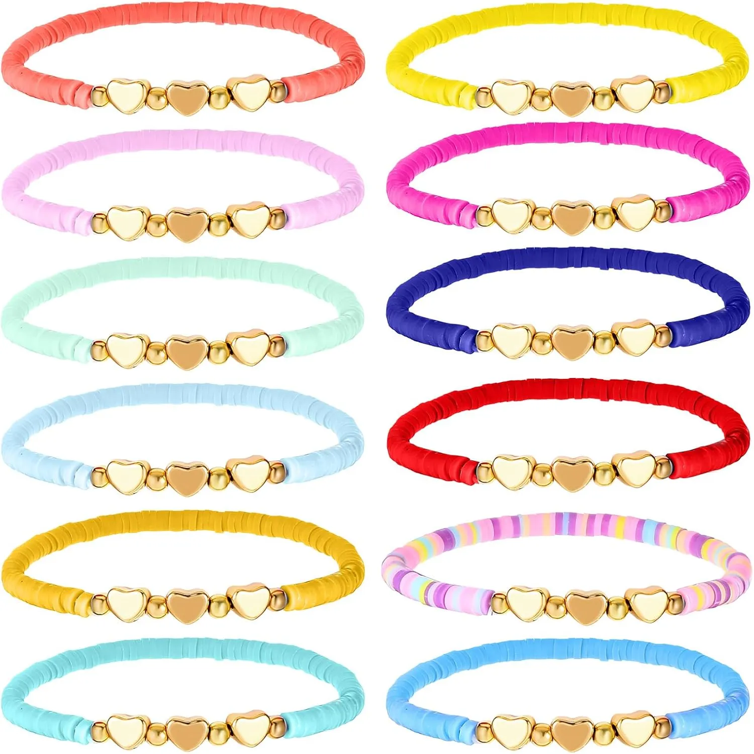 12PCS Colorful Friendship Heart Bracelets, Surfer Clay Bead Bracelets Set, Preppy Friendship Bracelet, Cute Heart Stretch Beaded Bracelet, Elastic Layering Friendship Bracelets, Jewelry Gift