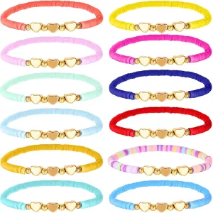 12PCS Colorful Friendship Heart Bracelets, Surfer Clay Bead Bracelets Set, Preppy Friendship Bracelet, Cute Heart Stretch Beaded Bracelet, Elastic Layering Friendship Bracelets, Jewelry Gift
