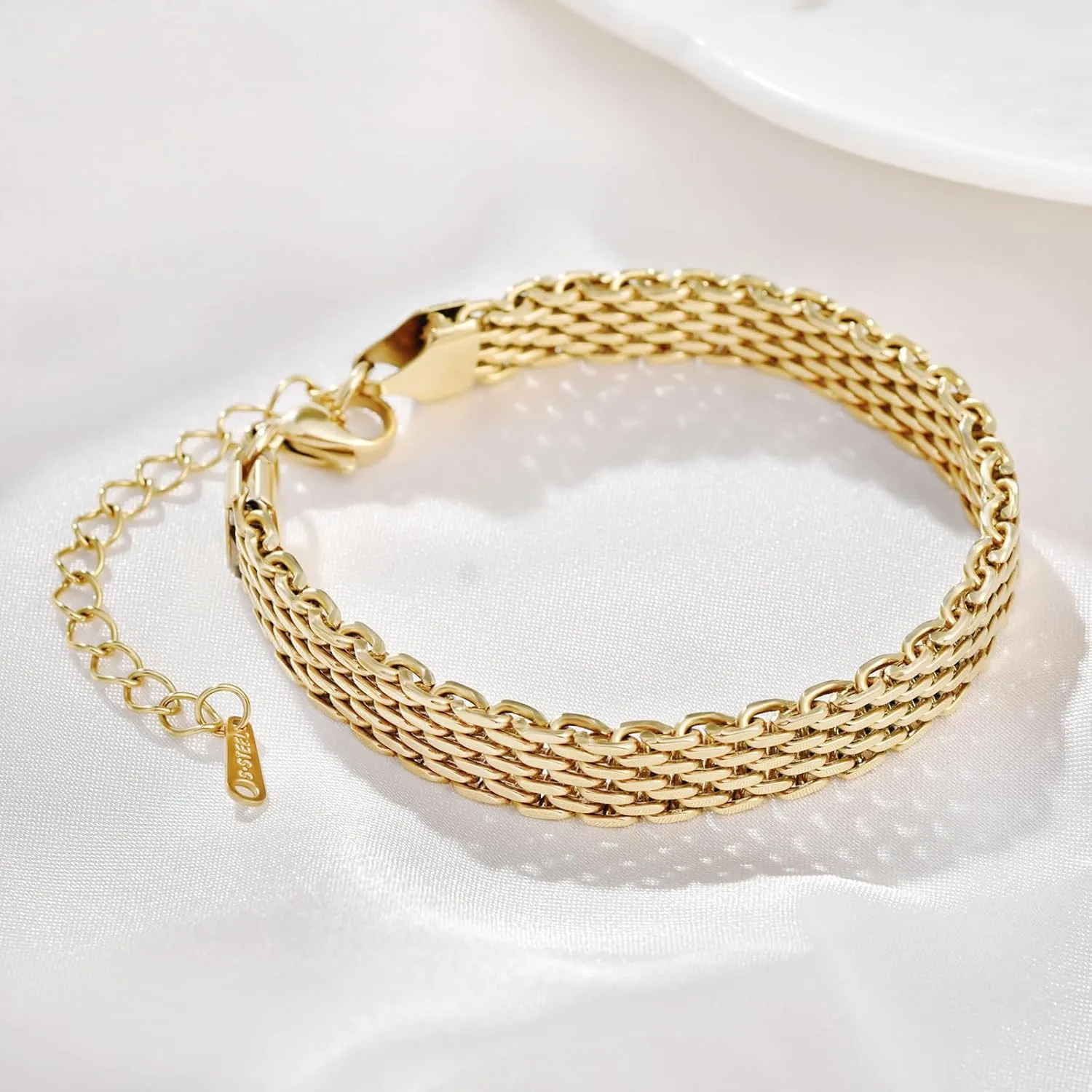 14K gold bracelets for women Adjustable gold plated Link Bracelets - Non Tarnish, Waterproof Mesh & Bangle Bracelets Lightweight Trendy Chunky Chain
