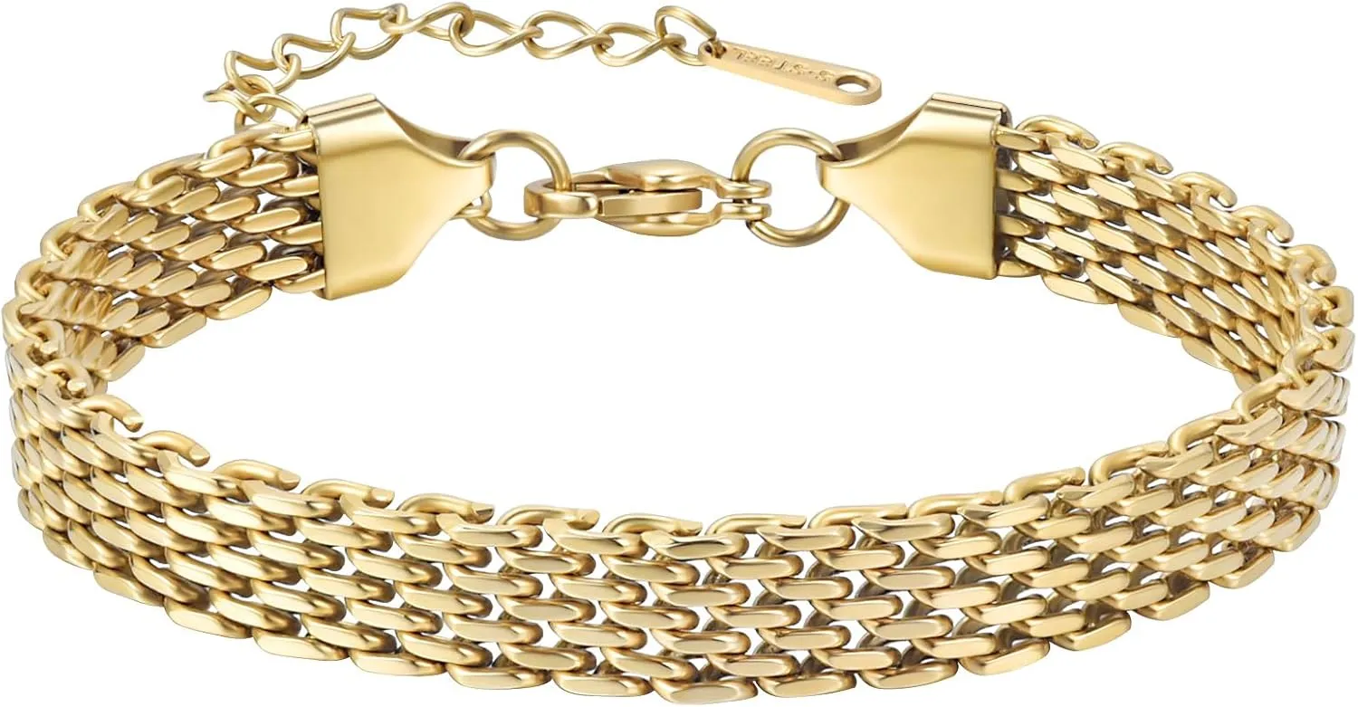 14K gold bracelets for women Adjustable gold plated Link Bracelets - Non Tarnish, Waterproof Mesh & Bangle Bracelets Lightweight Trendy Chunky Chain