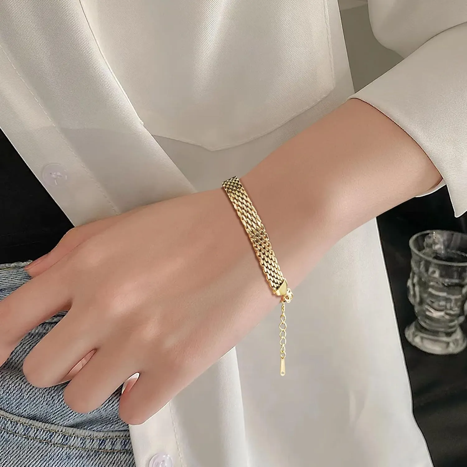 14K gold bracelets for women Adjustable gold plated Link Bracelets - Non Tarnish, Waterproof Mesh & Bangle Bracelets Lightweight Trendy Chunky Chain