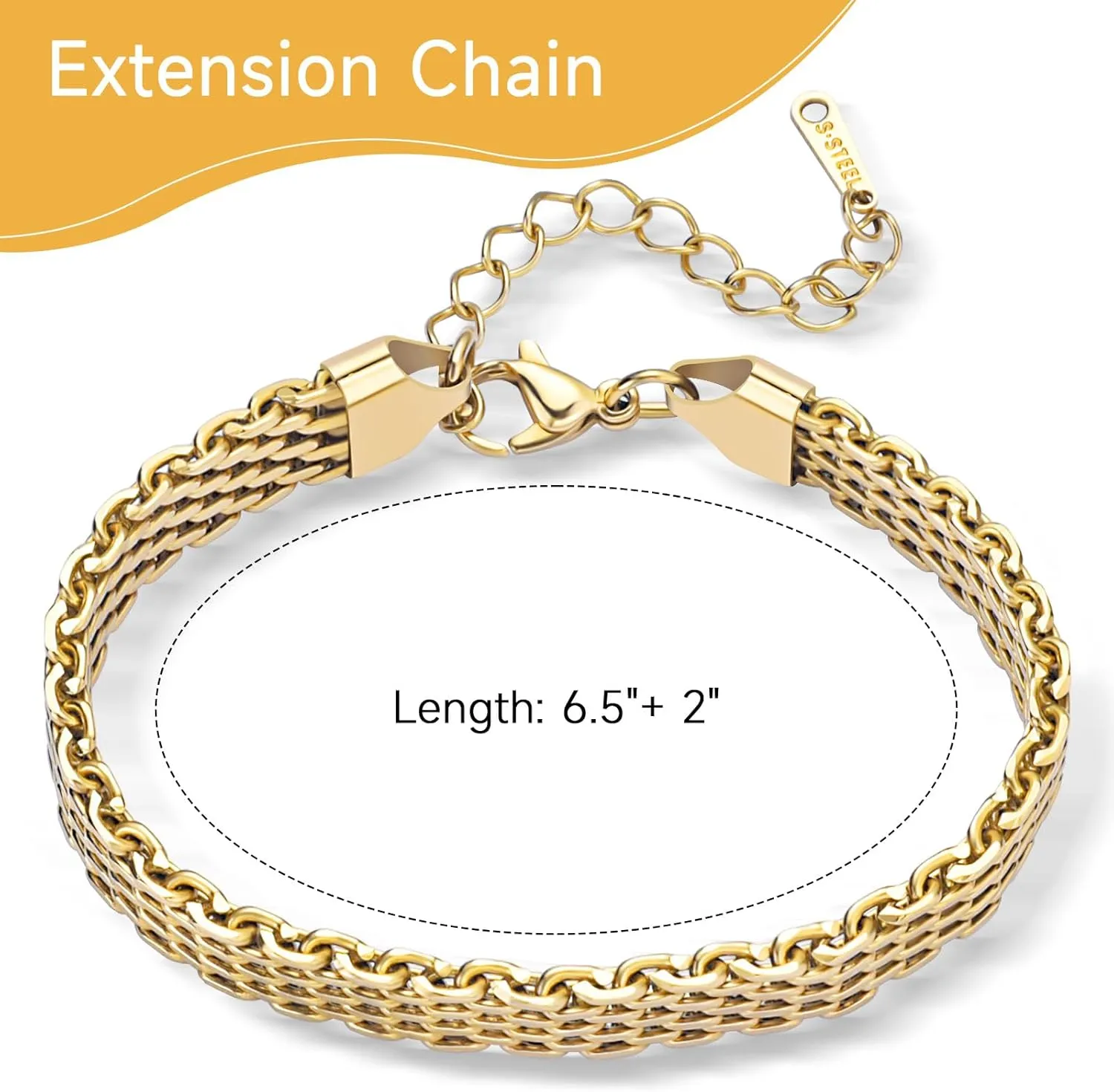 14K gold bracelets for women Adjustable gold plated Link Bracelets - Non Tarnish, Waterproof Mesh & Bangle Bracelets Lightweight Trendy Chunky Chain