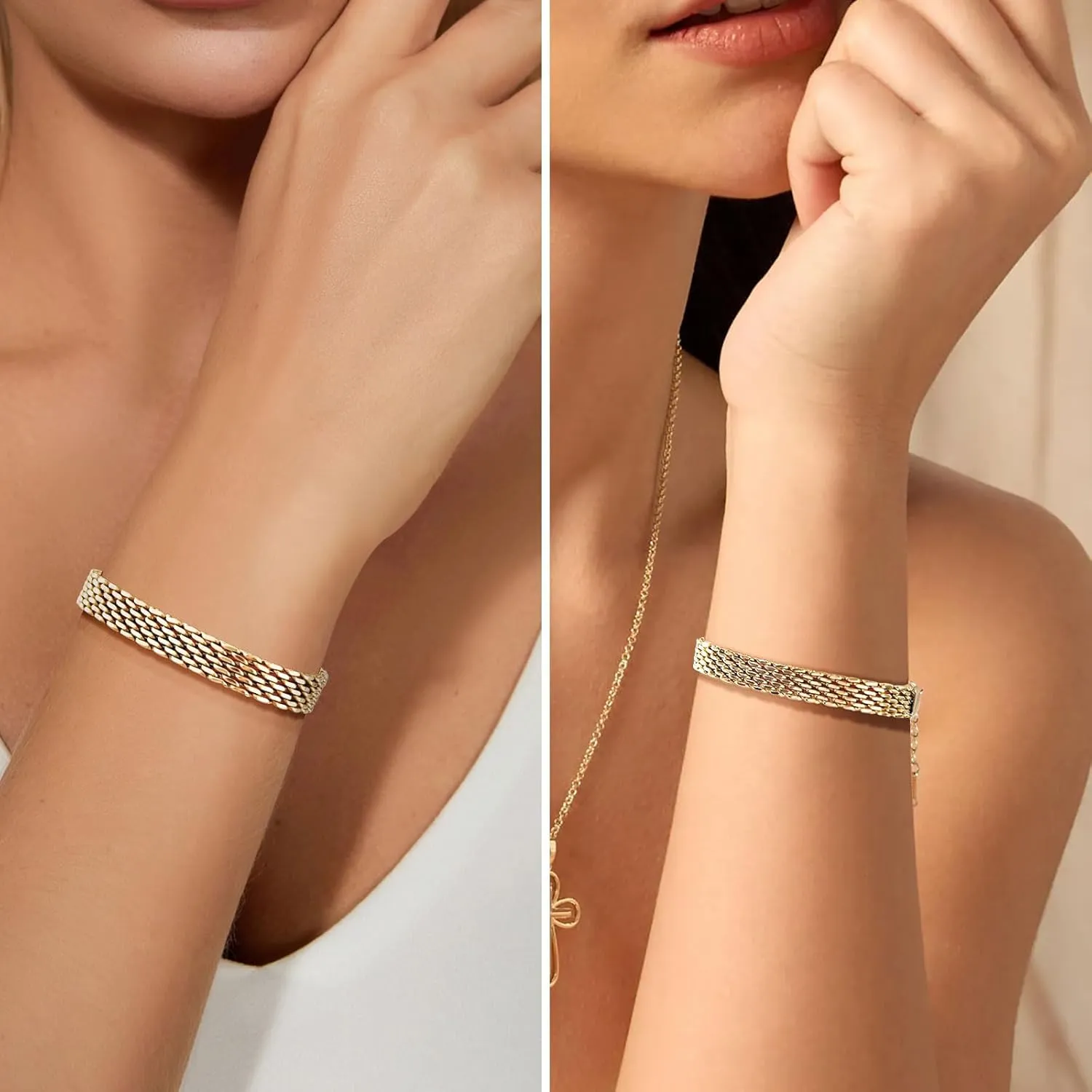 14K gold bracelets for women Adjustable gold plated Link Bracelets - Non Tarnish, Waterproof Mesh & Bangle Bracelets Lightweight Trendy Chunky Chain