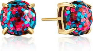 14K Gold Stud Earrings for Women Hypoallergenic Disco Ball Earrings for Dance Party, Small Square Shaped Glitter Gold Earring Studs 10mm