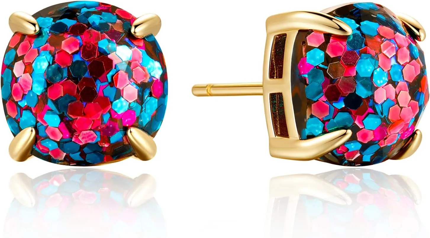 14K Gold Stud Earrings for Women Hypoallergenic Disco Ball Earrings for Dance Party, Small Square Shaped Glitter Gold Earring Studs 10mm