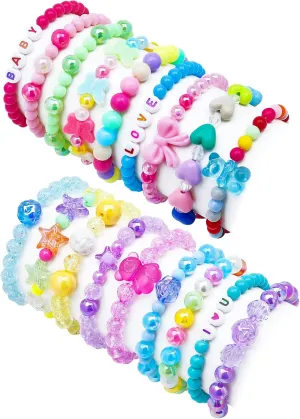 18 Pcs Kids Bracelets for Girls Cute Beaded Bracelets Little Girls Jewelry Letter Flower Star Pink Toddler Bracelets Set Gift