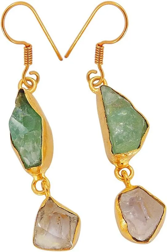 18k Gold Plated Green Fluorite And Crystal Quartz Gemstone Dangle Earrings