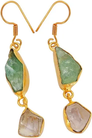 18k Gold Plated Green Fluorite And Crystal Quartz Gemstone Dangle Earrings