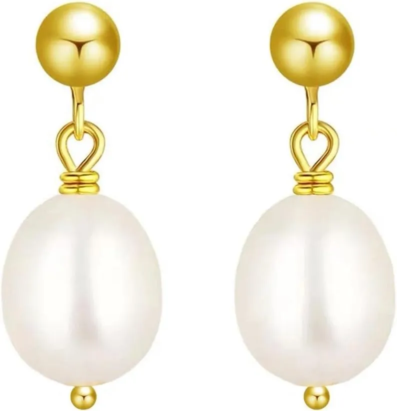 18K Gold Plated Stainless Steel Dainty Freshwater Pearl Drop Earrings Nickel Free Hypoallergenic