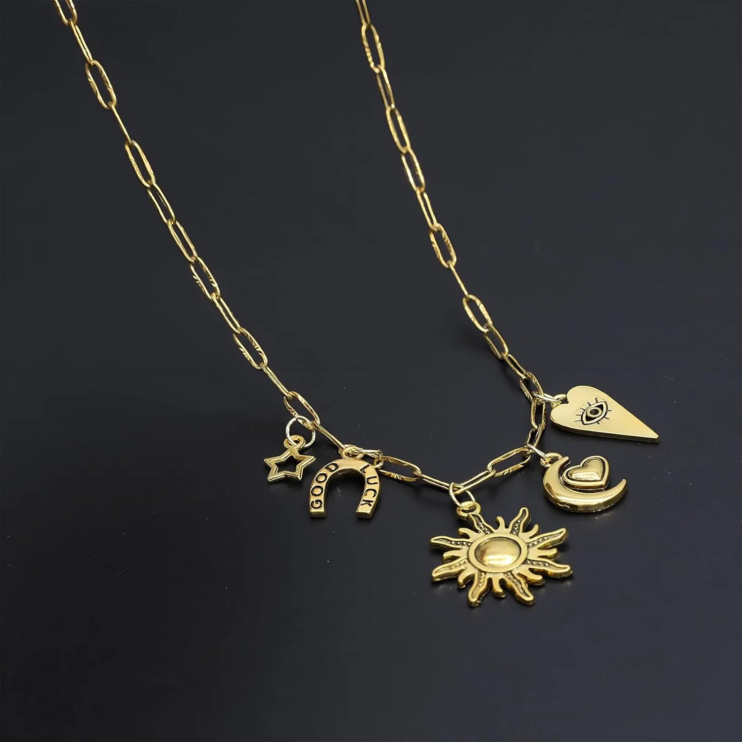 18K Paperclip Gold Chain Necklace Handmade DIY Sun Moon Star Pendant Charm Necklace Western Ocean Seaside Beach Gold Charm Necklace For Women