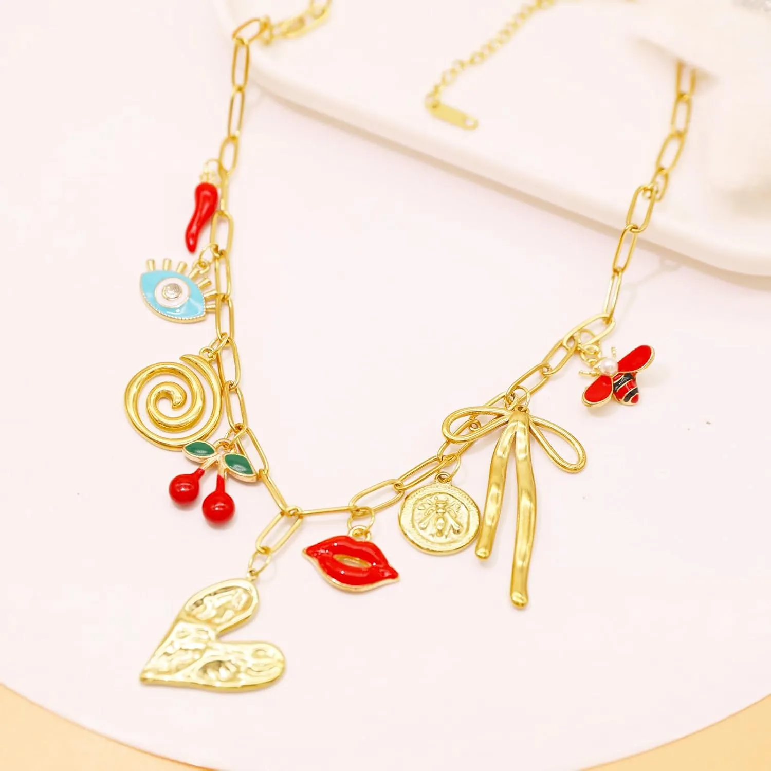 18K Paperclip Gold Chain Necklace Handmade DIY Sun Moon Star Pendant Charm Necklace Western Ocean Seaside Beach Gold Charm Necklace For Women