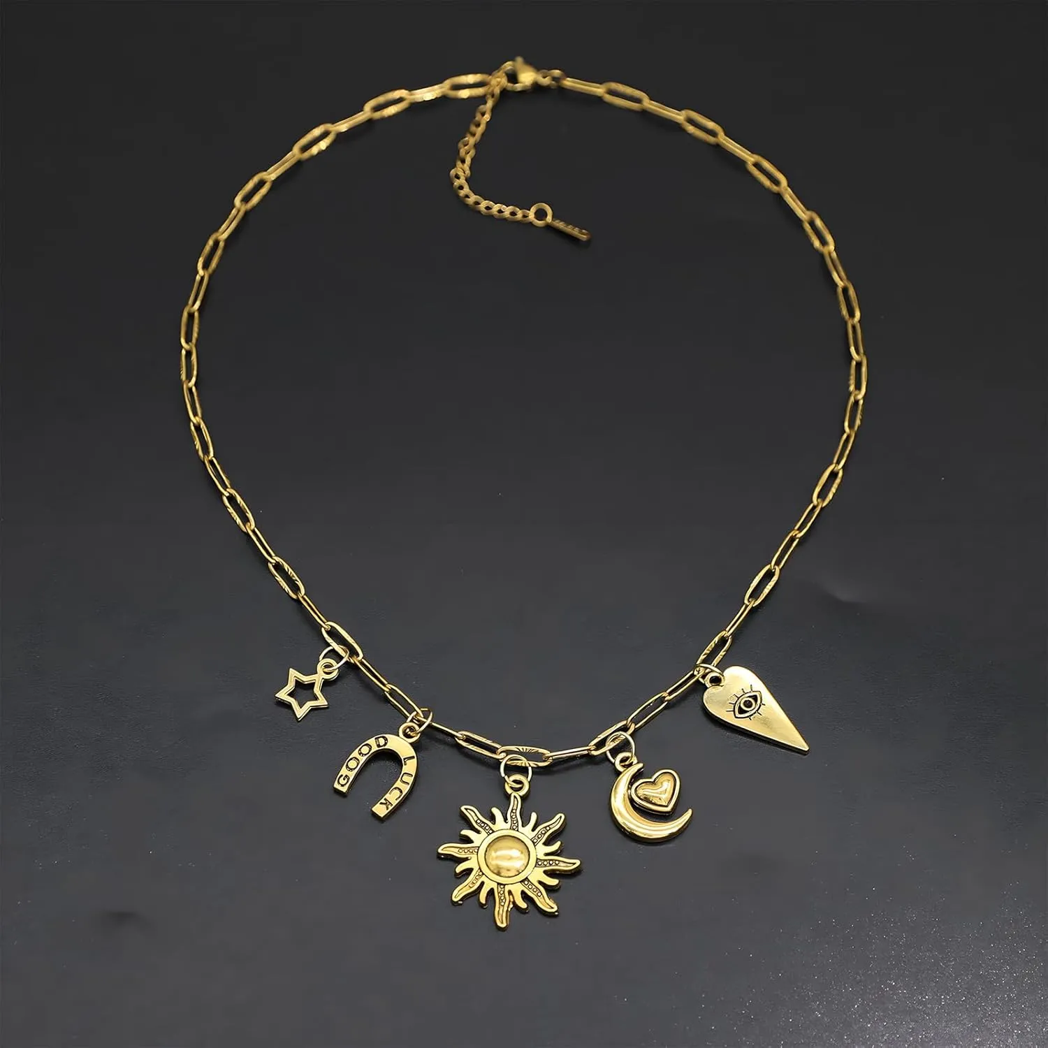 18K Paperclip Gold Chain Necklace Handmade DIY Sun Moon Star Pendant Charm Necklace Western Ocean Seaside Beach Gold Charm Necklace For Women