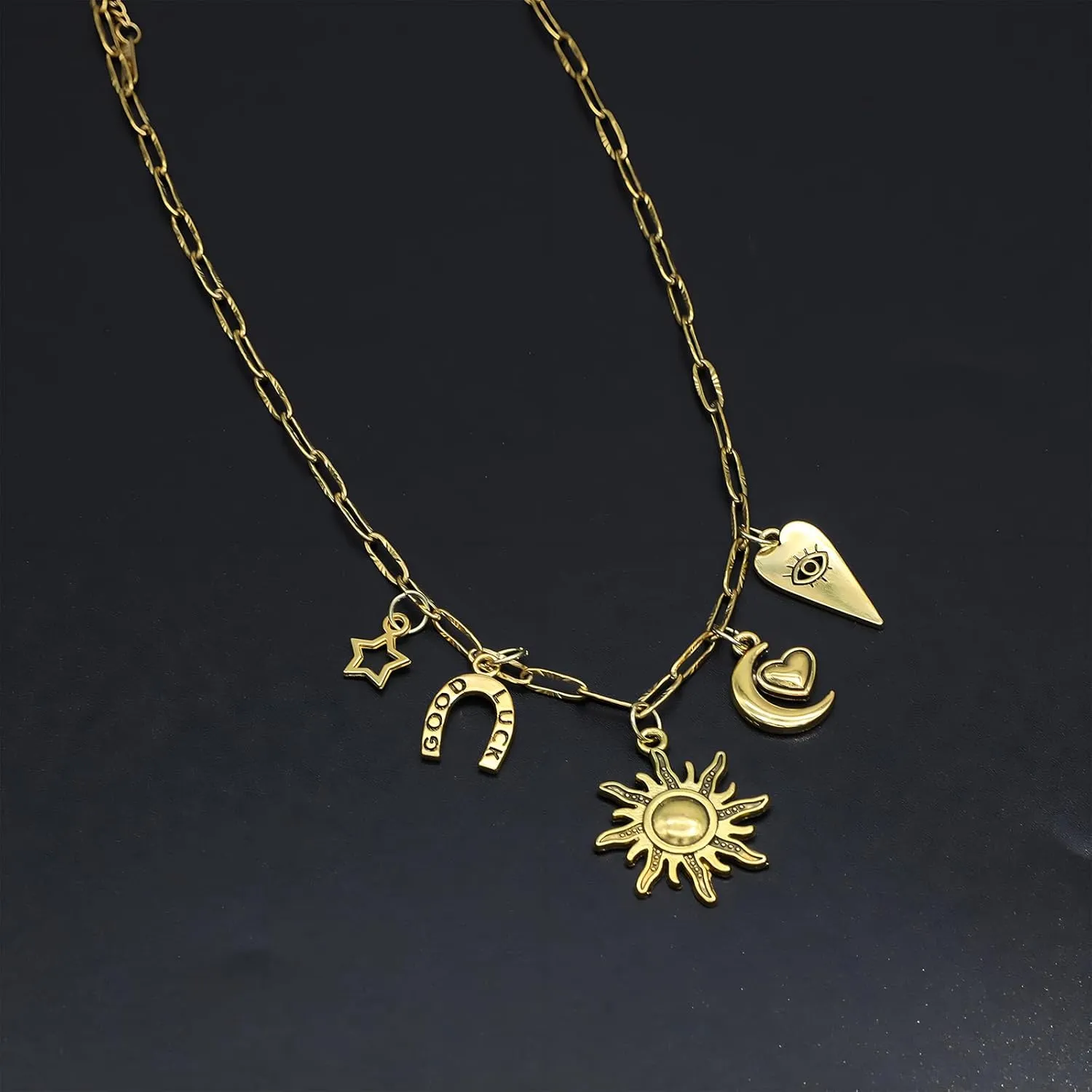 18K Paperclip Gold Chain Necklace Handmade DIY Sun Moon Star Pendant Charm Necklace Western Ocean Seaside Beach Gold Charm Necklace For Women