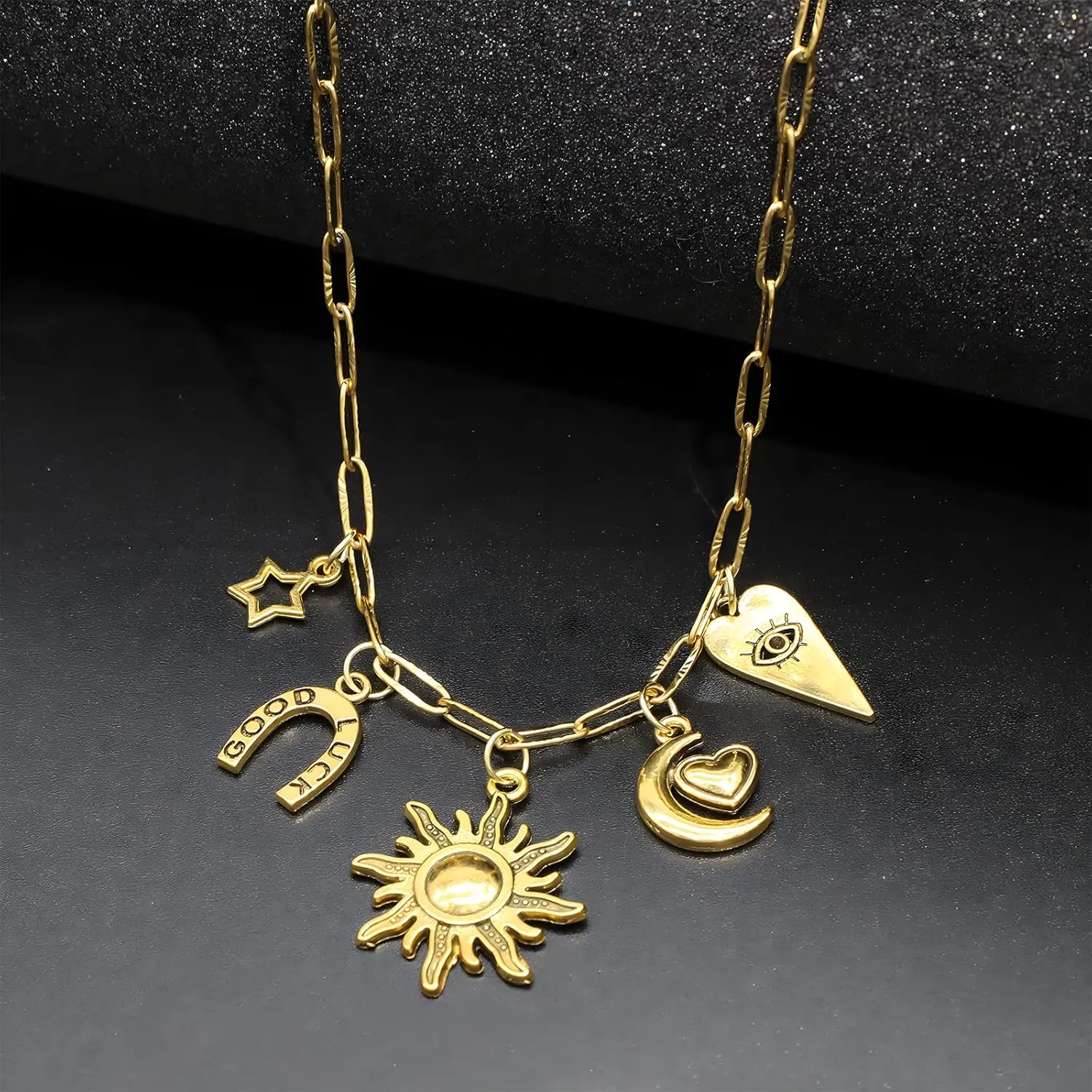 18K Paperclip Gold Chain Necklace Handmade DIY Sun Moon Star Pendant Charm Necklace Western Ocean Seaside Beach Gold Charm Necklace For Women