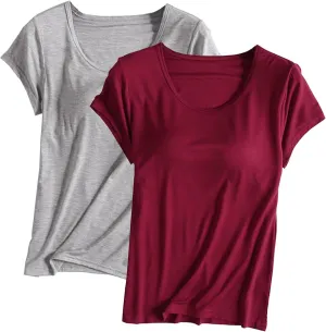 2 Pack Built in Bra Tops for Women Cozy Scoop Neck Short Sleeve T-Shirts Yoga Workout Tops with Built-in Padded Bra