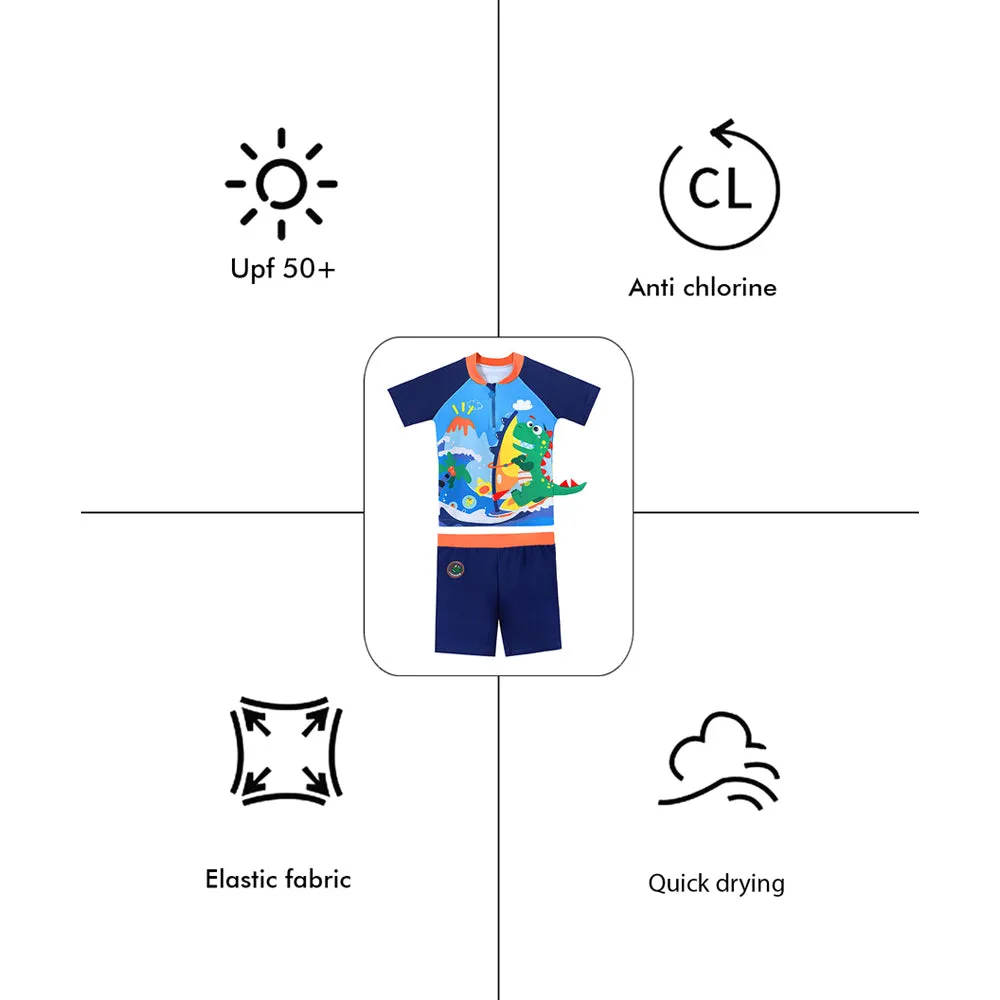 2 pcs Shirt & Shorts Set Blue 3d Dino Surfer Kids Swimwear With Matching Swim Cap With UPF 50 