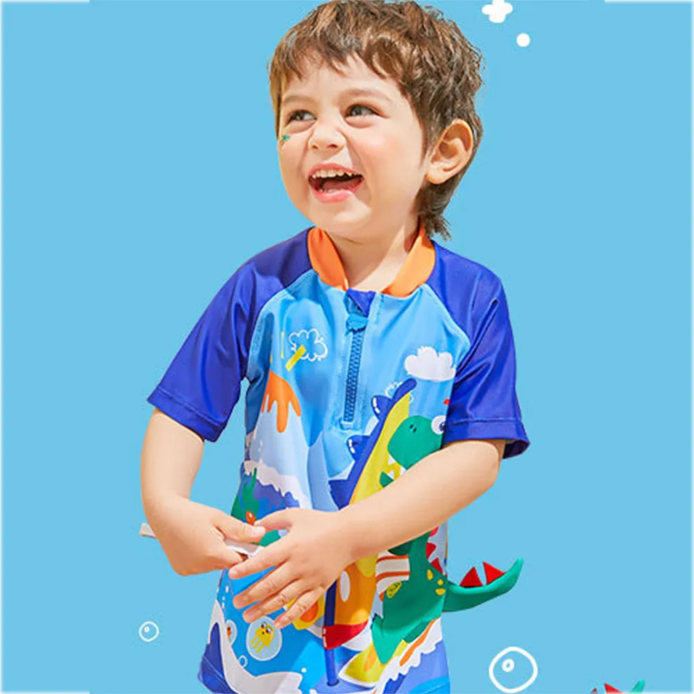 2 pcs Shirt & Shorts Set Blue 3d Dino Surfer Kids Swimwear With Matching Swim Cap With UPF 50 