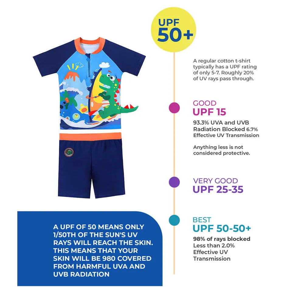 2 pcs Shirt & Shorts Set Blue 3d Dino Surfer Kids Swimwear With Matching Swim Cap With UPF 50 