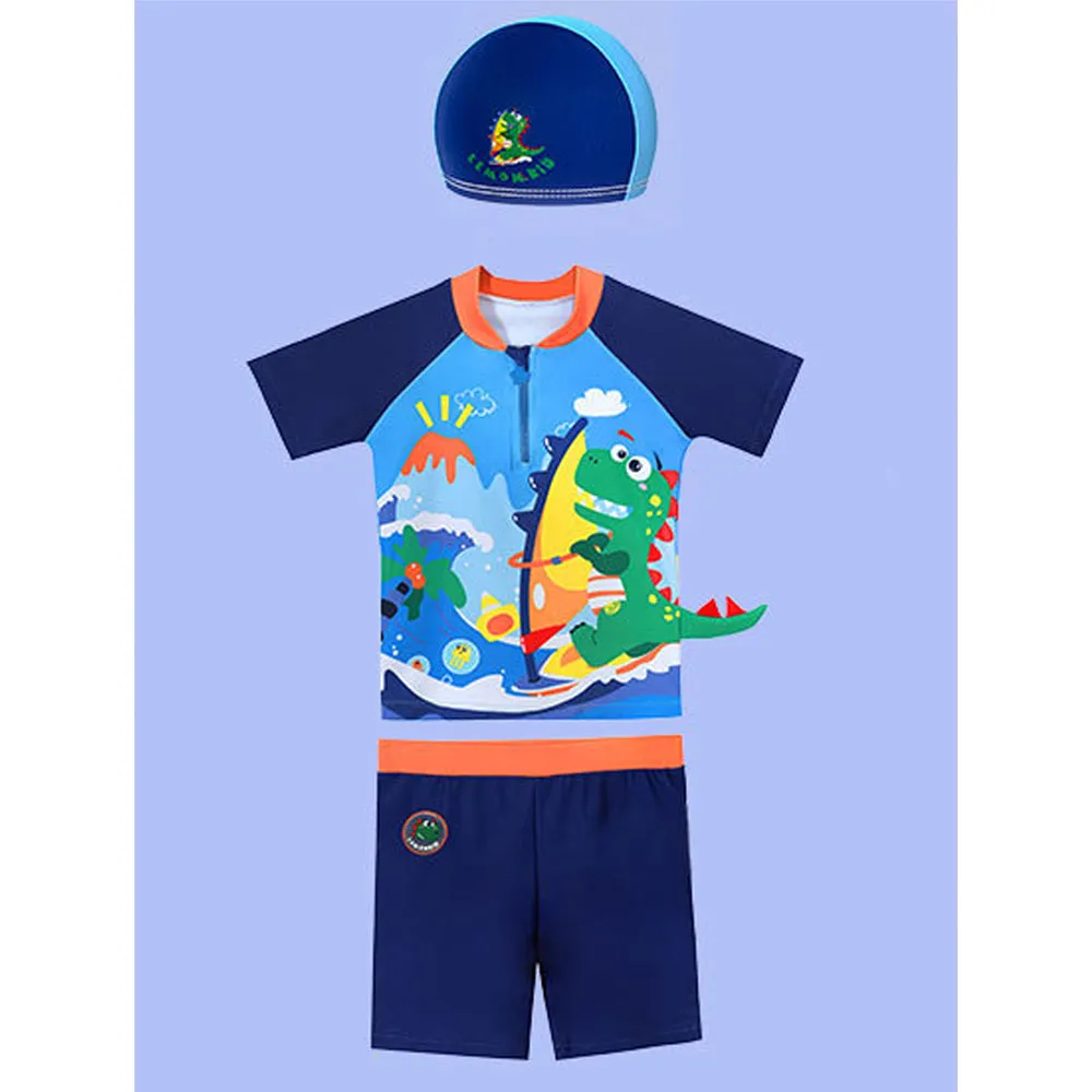 2 pcs Shirt & Shorts Set Blue 3d Dino Surfer Kids Swimwear With Matching Swim Cap With UPF 50 