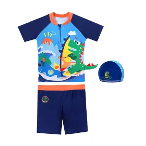 2 pcs Shirt & Shorts Set Blue 3d Dino Surfer Kids Swimwear With Matching Swim Cap With UPF 50 