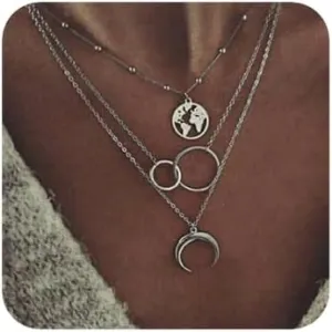 2 Tier Boho Dainty Layered Necklace Moon Necklaces Map Pendant Stackable Choker Necklaces for Women