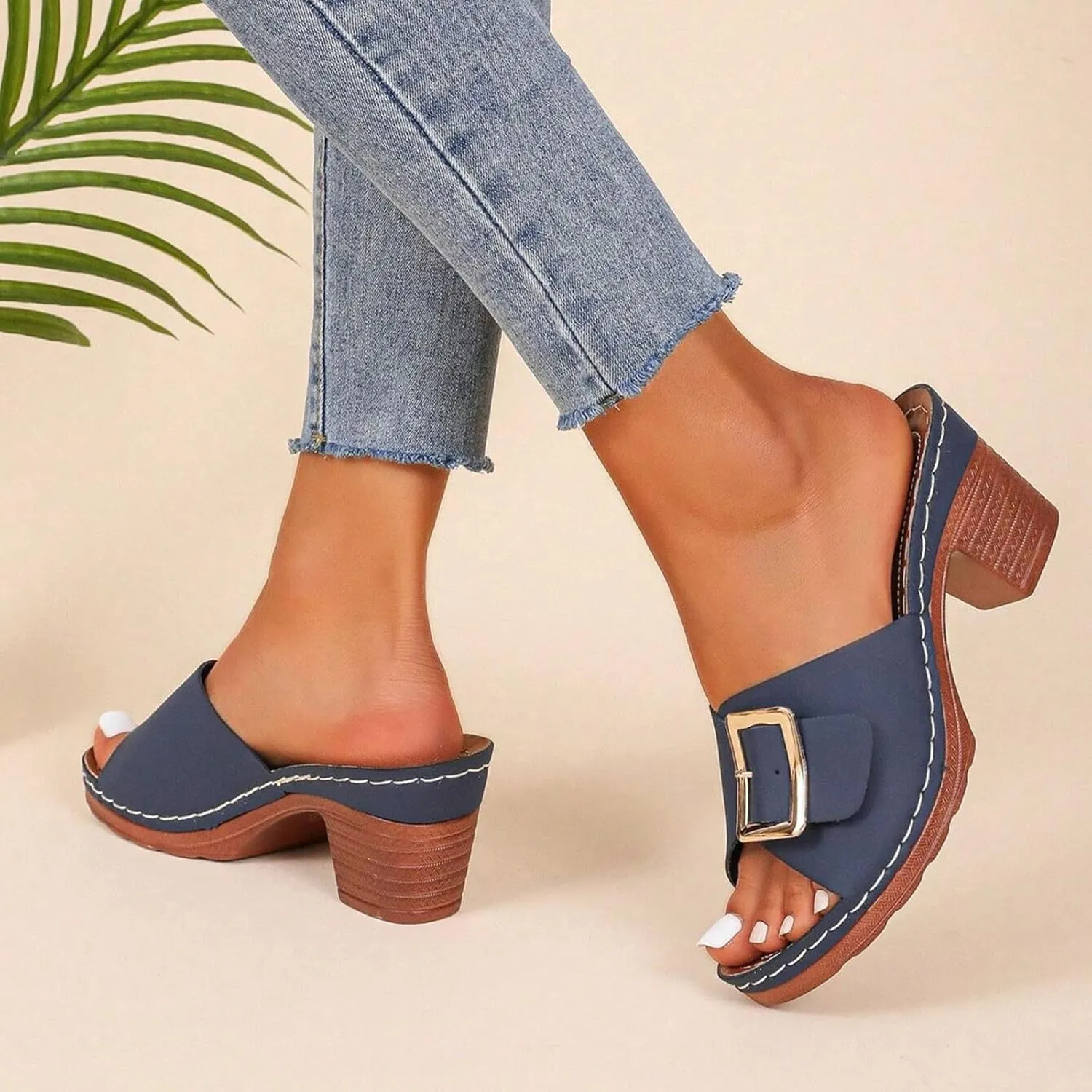 2025 Chunky Heels Sandals for Women Comfortable Ladies Dress Walking Footwear Fashion Open Toe Wedge Heel Shoe Summer Beach Vacation Slip-On Slippers Breathable Non-Slip Casual Slides