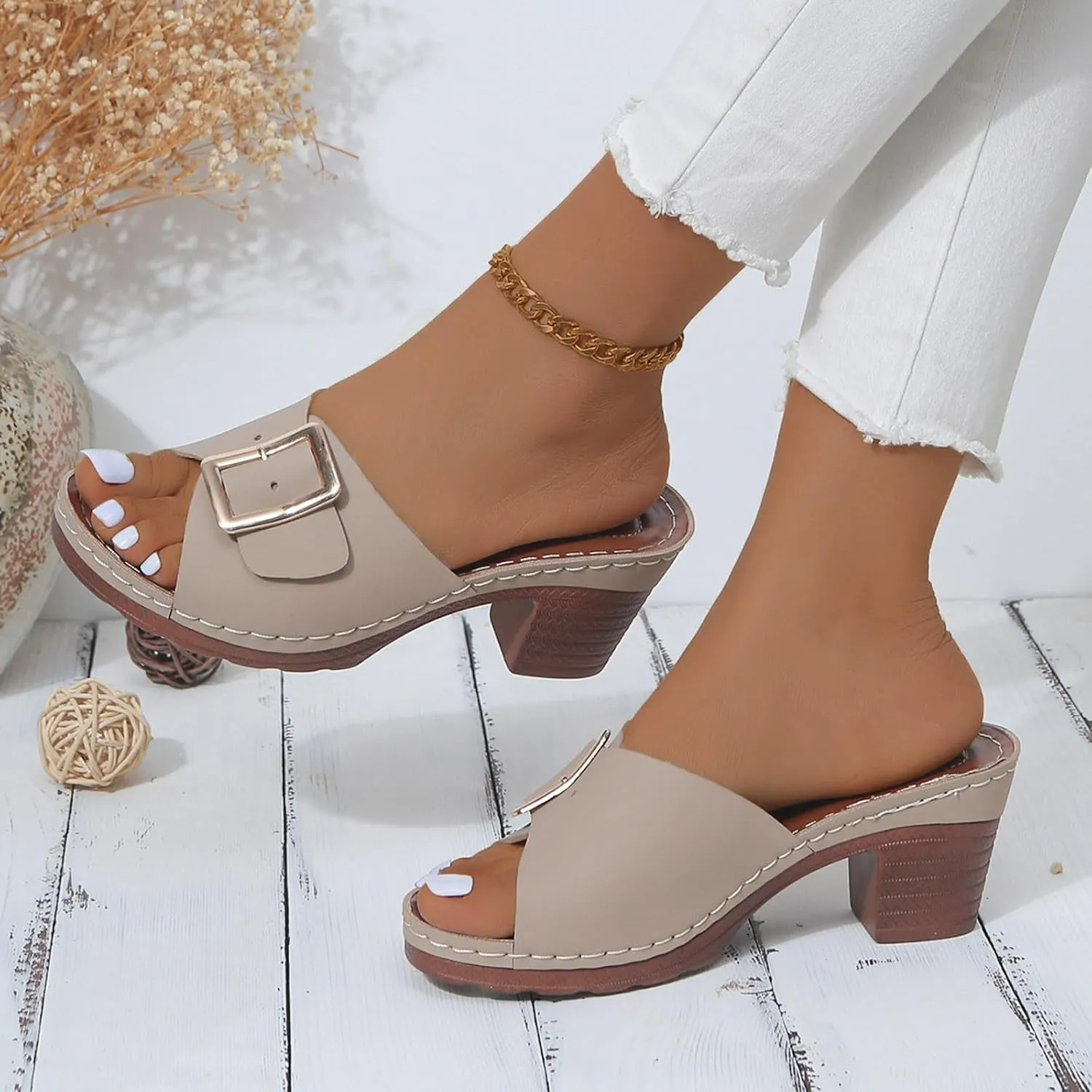 2025 Chunky Heels Sandals for Women Comfortable Ladies Dress Walking Footwear Fashion Open Toe Wedge Heel Shoe Summer Beach Vacation Slip-On Slippers Breathable Non-Slip Casual Slides