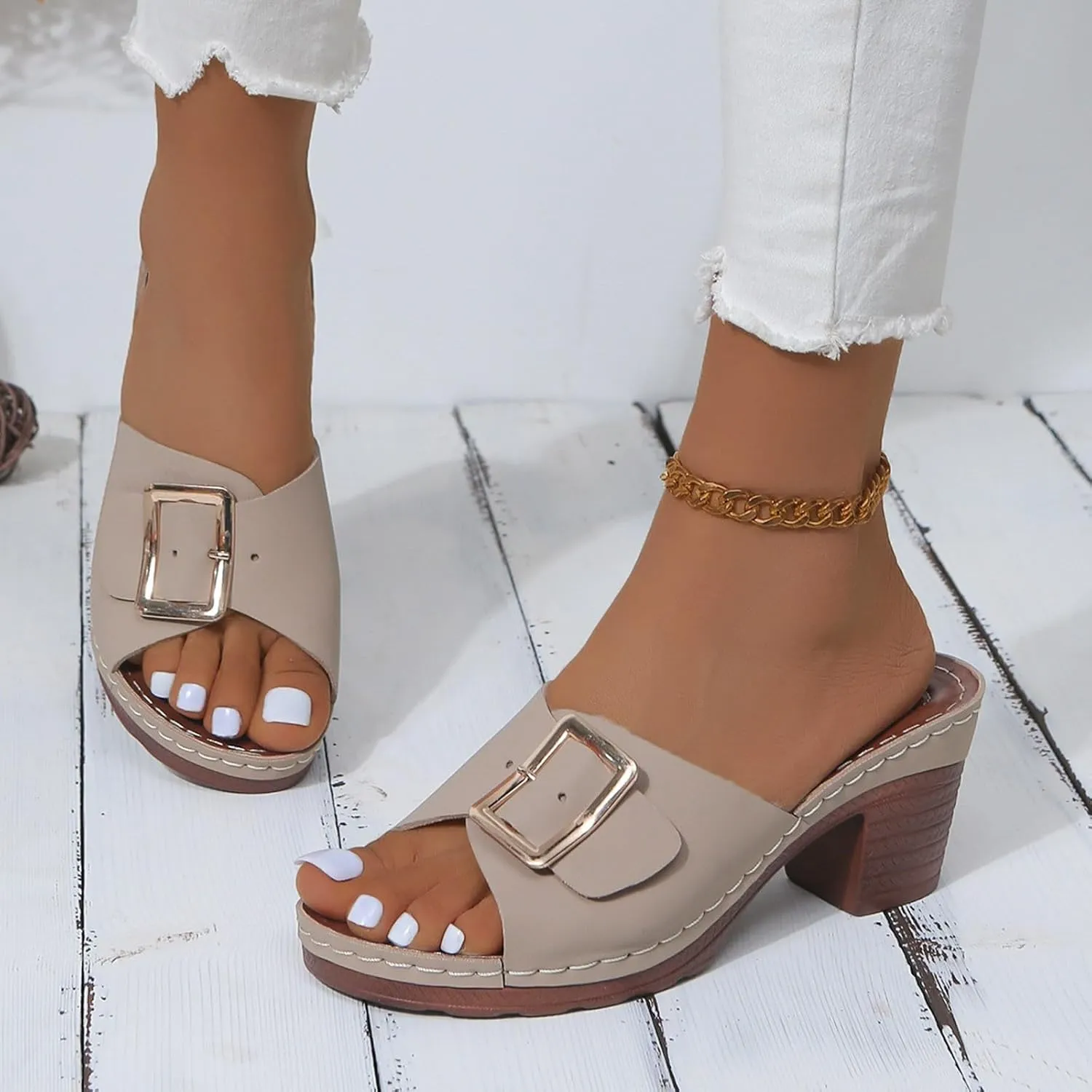 2025 Chunky Heels Sandals for Women Comfortable Ladies Dress Walking Footwear Fashion Open Toe Wedge Heel Shoe Summer Beach Vacation Slip-On Slippers Breathable Non-Slip Casual Slides