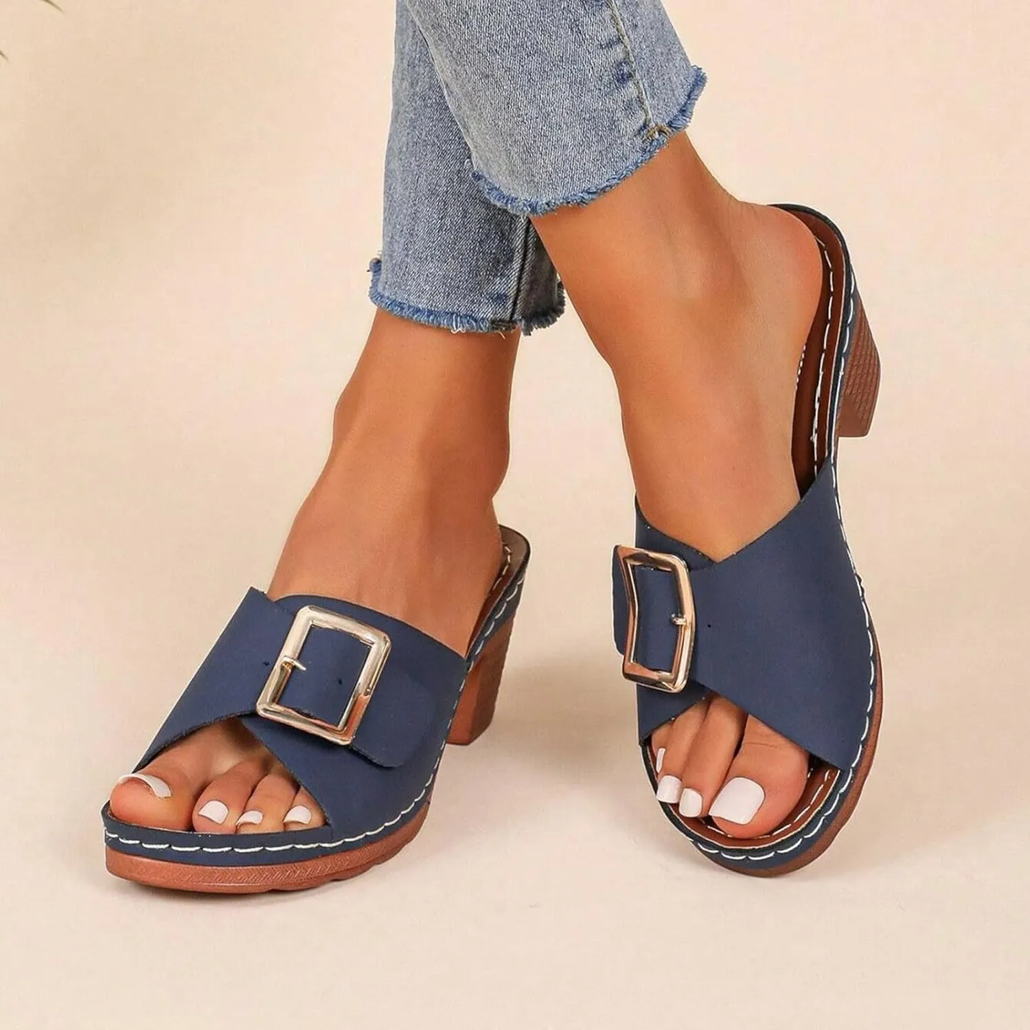 2025 Chunky Heels Sandals for Women Comfortable Ladies Dress Walking Footwear Fashion Open Toe Wedge Heel Shoe Summer Beach Vacation Slip-On Slippers Breathable Non-Slip Casual Slides