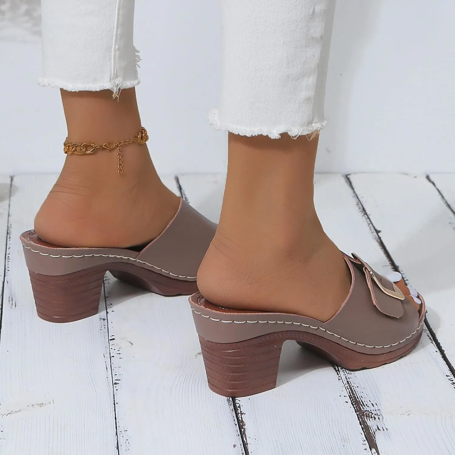 2025 Chunky Heels Sandals for Women Comfortable Ladies Dress Walking Footwear Fashion Open Toe Wedge Heel Shoe Summer Beach Vacation Slip-On Slippers Breathable Non-Slip Casual Slides