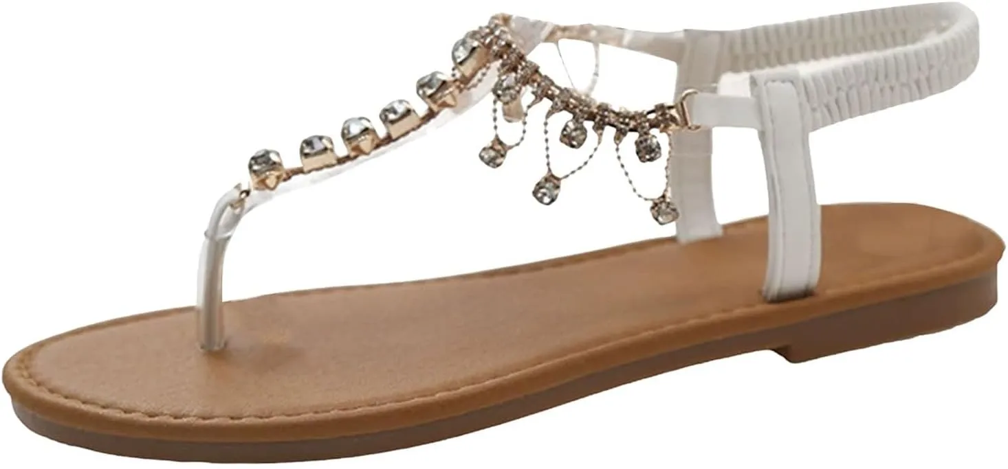2025 Comfortable Women Flat Sandals Fashion Bohemian Dressy Wedding Shoes with Elastic Ankle Summer Rhinestone Clip Toe Walking Footwear Indoor/Outdoor Breathable Ladies Dress Casual Slippers
