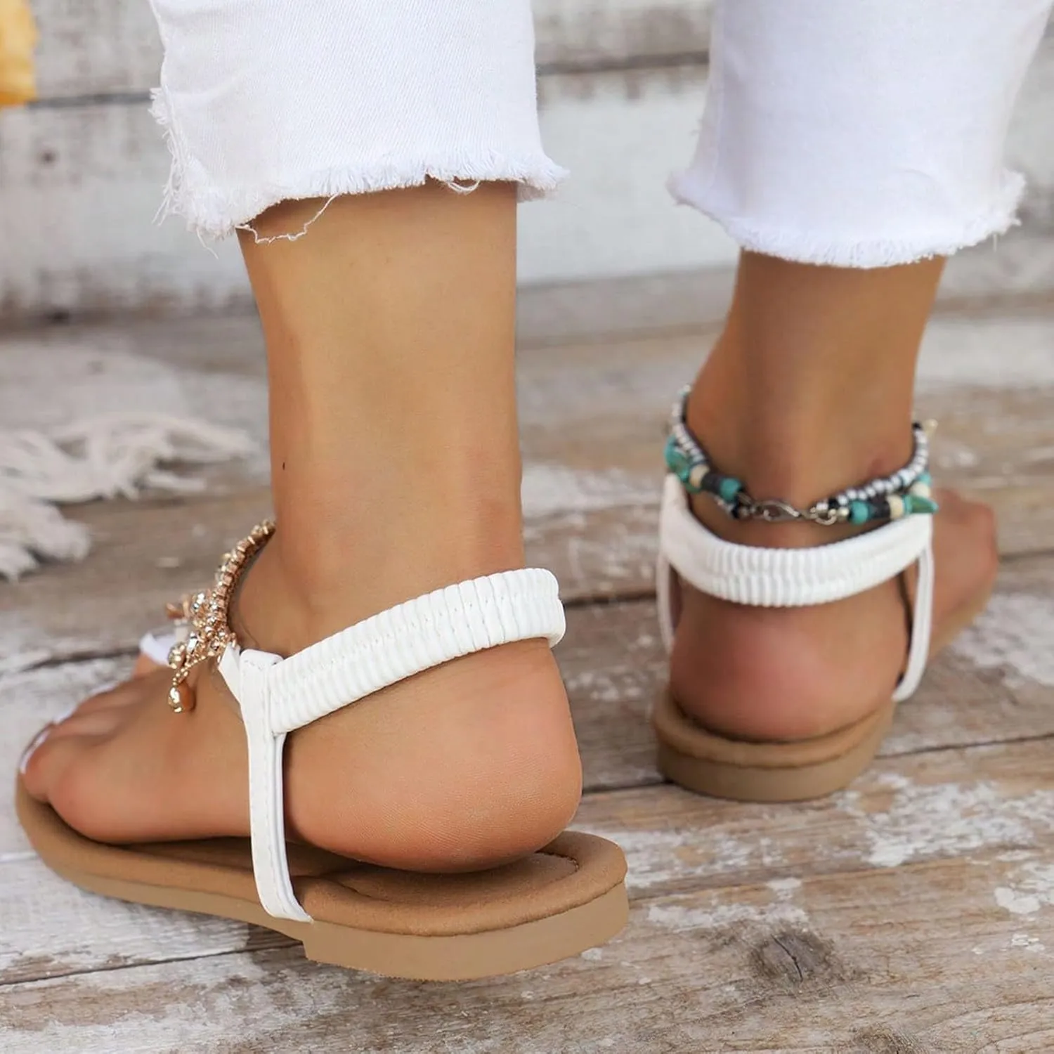 2025 Comfortable Women Flat Sandals Fashion Bohemian Dressy Wedding Shoes with Elastic Ankle Summer Rhinestone Clip Toe Walking Footwear Indoor/Outdoor Breathable Ladies Dress Casual Slippers