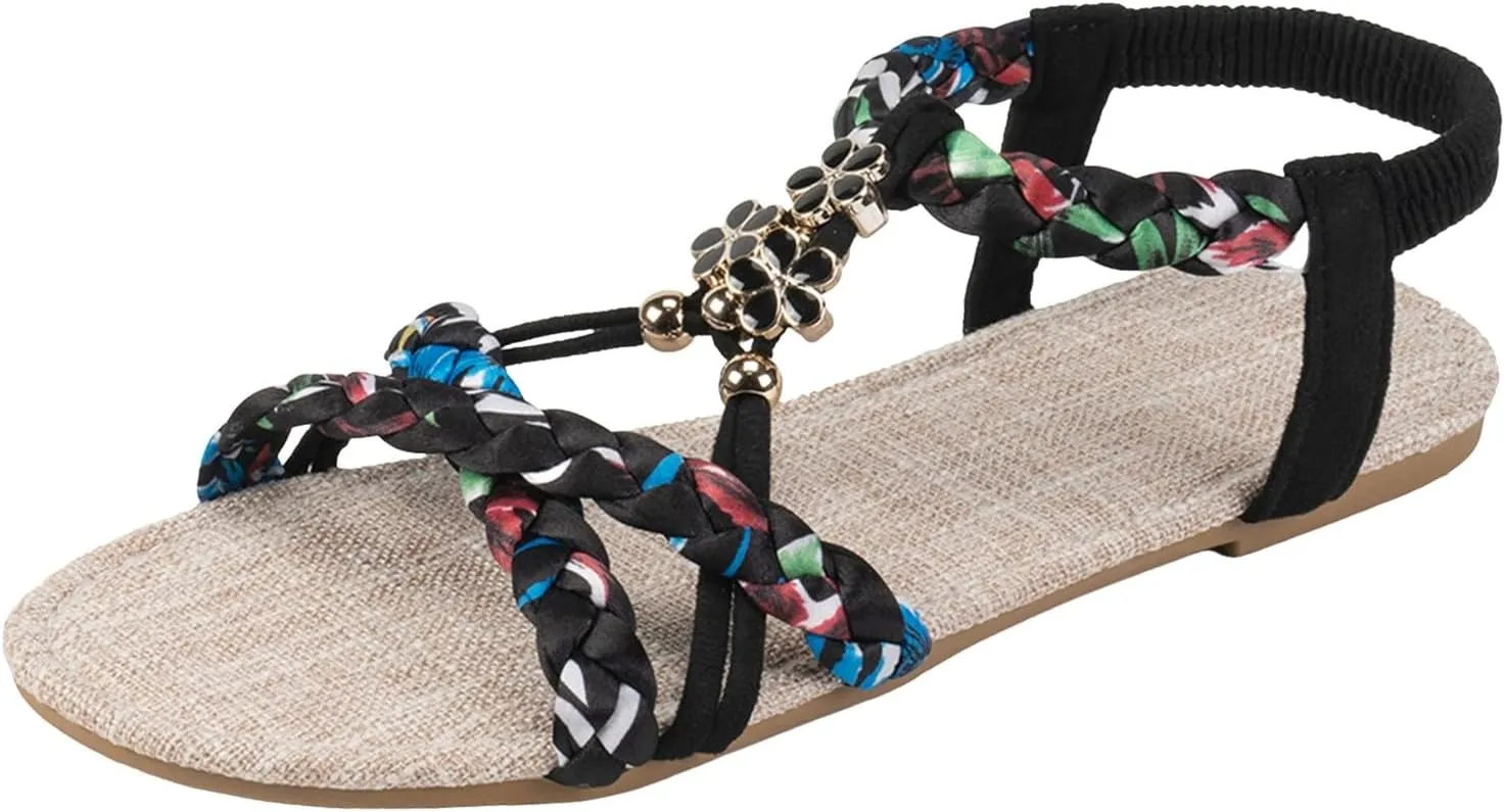 2025 Comfortable Women Flats Sandals Fashion Bohemian Walking Footwear with Ankle Strap Breathable Non-Slip Beach Vacation Slippers Summer Dressy Wedding Shoes Indoor/Outdoor Dance Party Loafer Shoe