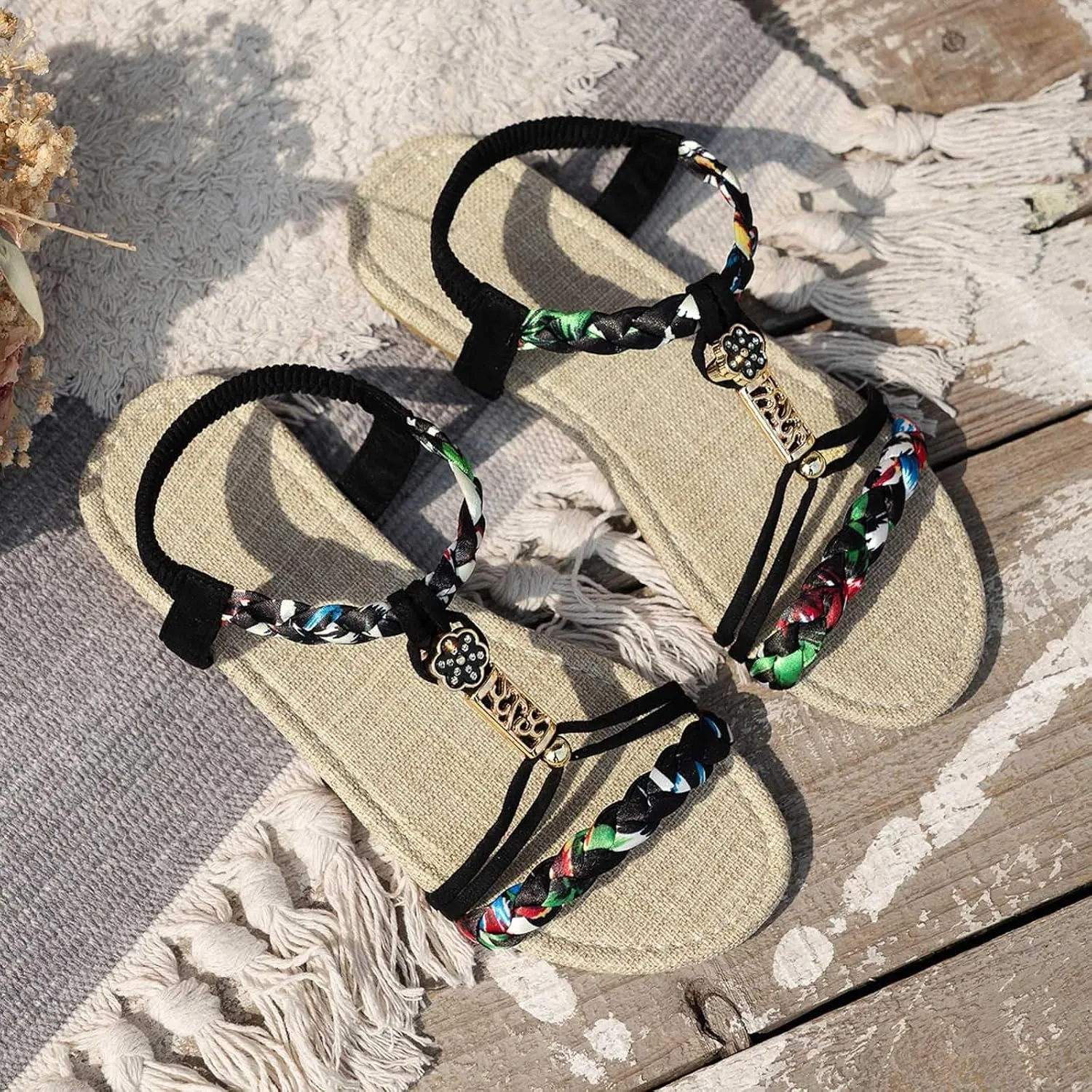2025 Comfortable Women Flats Sandals Fashion Bohemian Walking Footwear with Ankle Strap Breathable Non-Slip Beach Vacation Slippers Summer Dressy Wedding Shoes Indoor/Outdoor Dance Party Loafer Shoe