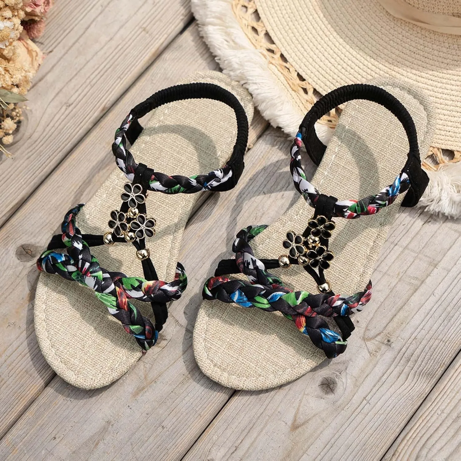 2025 Comfortable Women Flats Sandals Fashion Bohemian Walking Footwear with Ankle Strap Breathable Non-Slip Beach Vacation Slippers Summer Dressy Wedding Shoes Indoor/Outdoor Dance Party Loafer Shoe