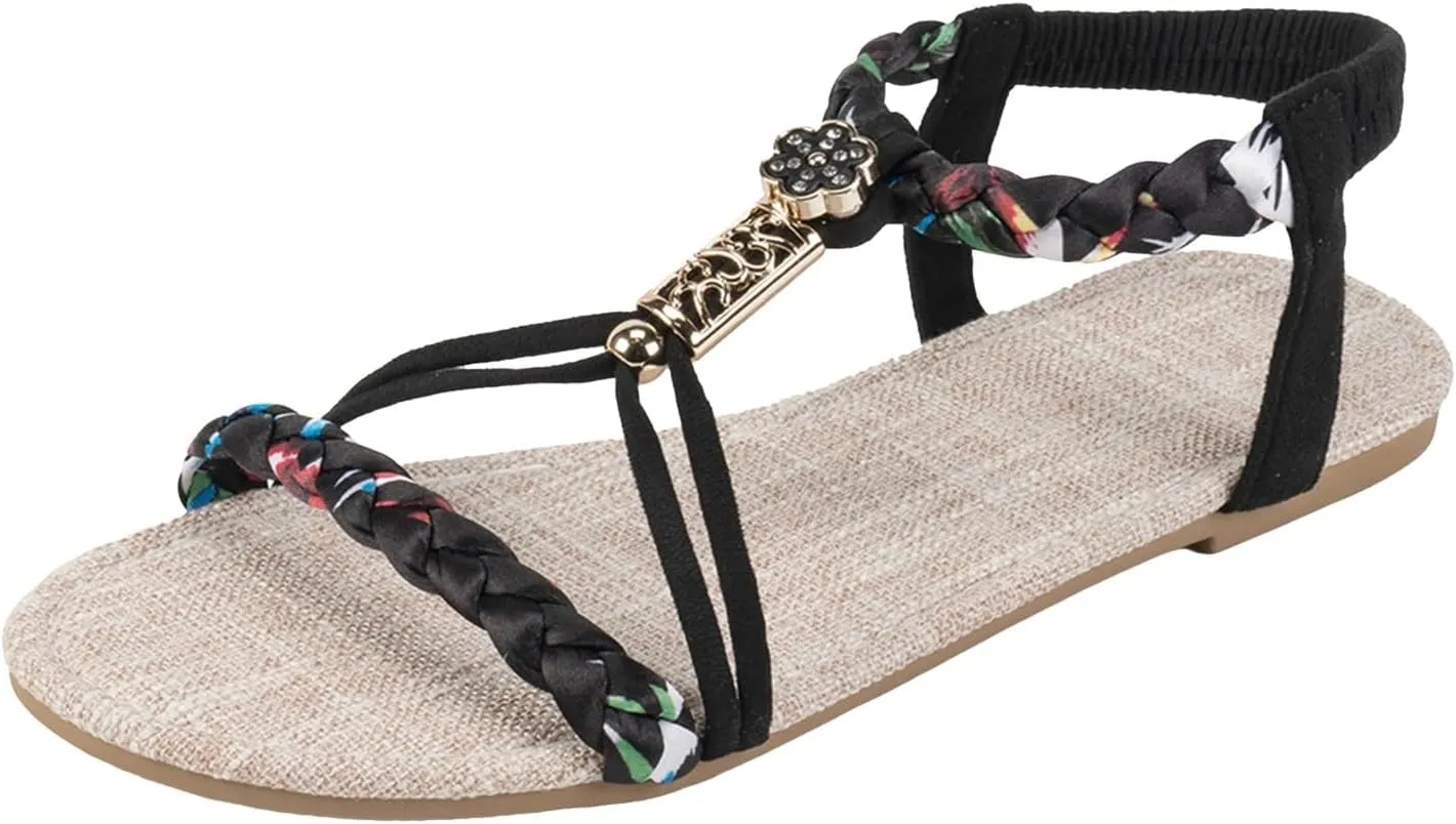 2025 Comfortable Women Flats Sandals Fashion Bohemian Walking Footwear with Ankle Strap Breathable Non-Slip Beach Vacation Slippers Summer Dressy Wedding Shoes Indoor/Outdoor Dance Party Loafer Shoe
