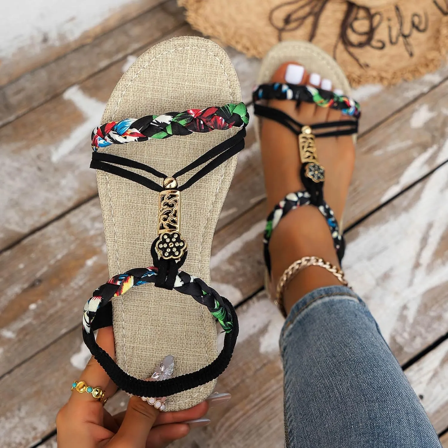 2025 Comfortable Women Flats Sandals Fashion Bohemian Walking Footwear with Ankle Strap Breathable Non-Slip Beach Vacation Slippers Summer Dressy Wedding Shoes Indoor/Outdoor Dance Party Loafer Shoe