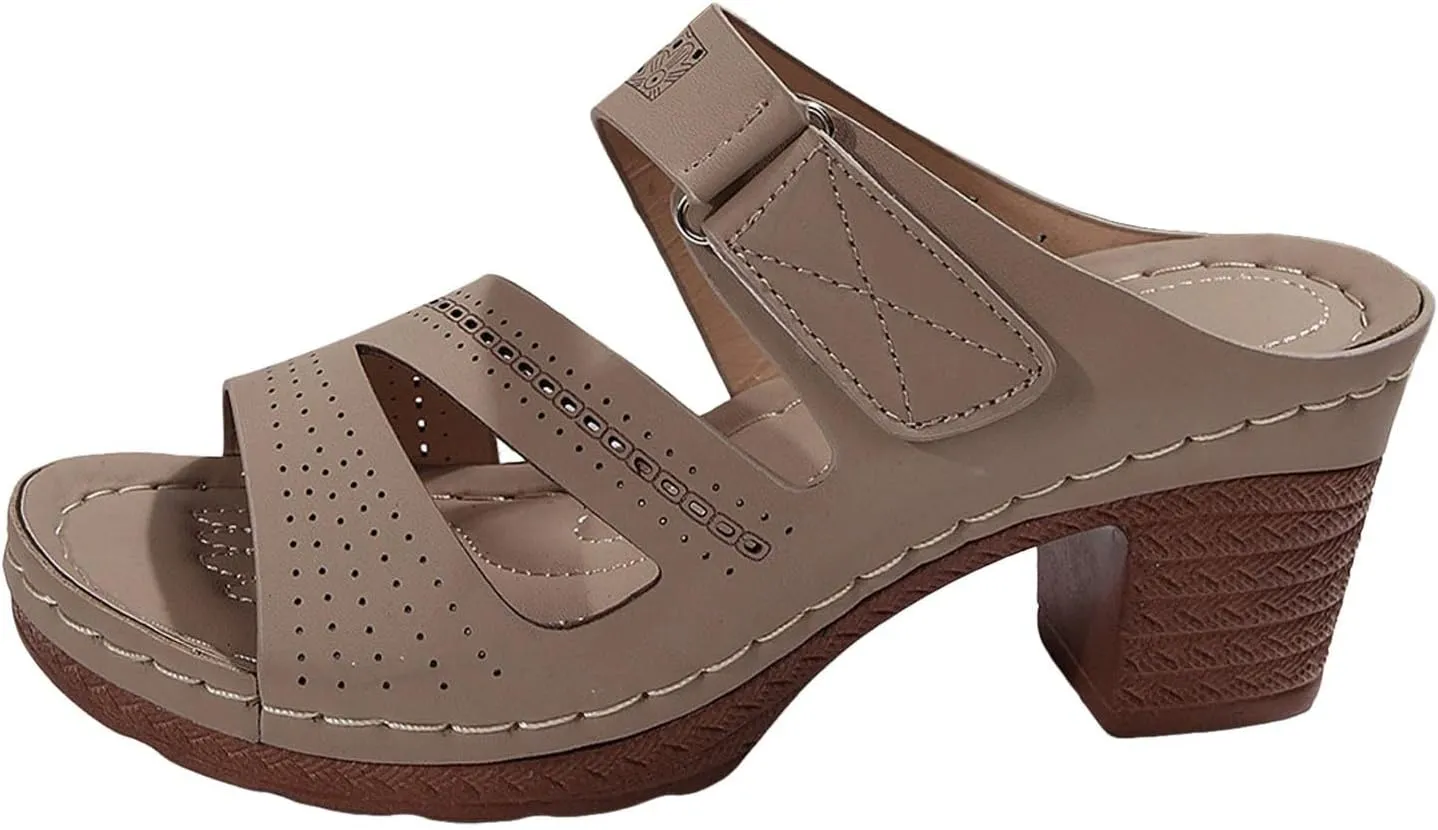 2025 Women Chunky Heels Sandals Fashion Elegant Peep Toe Height Increase Casual Shoe Breathable Slip-On Beach Vacation Slippers Summer Comfortable Ladies Dress Party Dance Walking Footwear