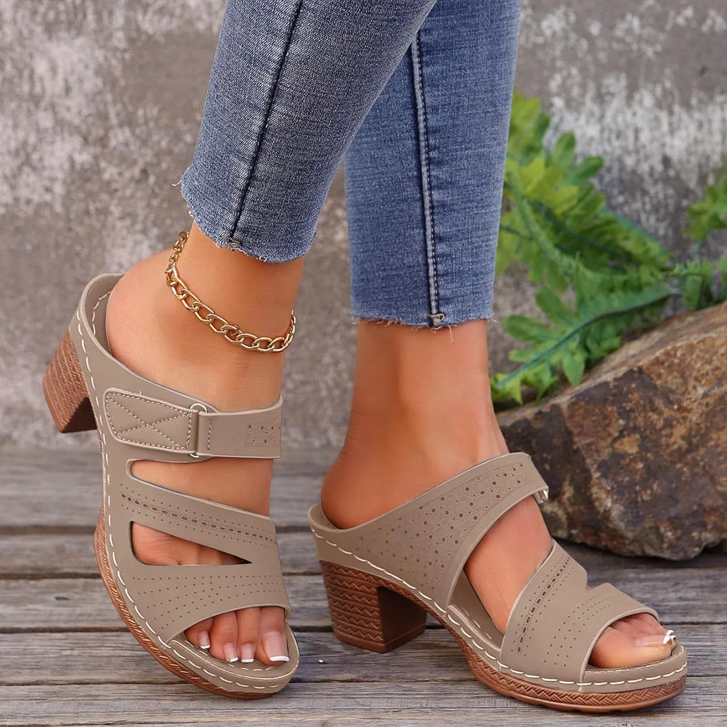 2025 Women Chunky Heels Sandals Fashion Elegant Peep Toe Height Increase Casual Shoe Breathable Slip-On Beach Vacation Slippers Summer Comfortable Ladies Dress Party Dance Walking Footwear
