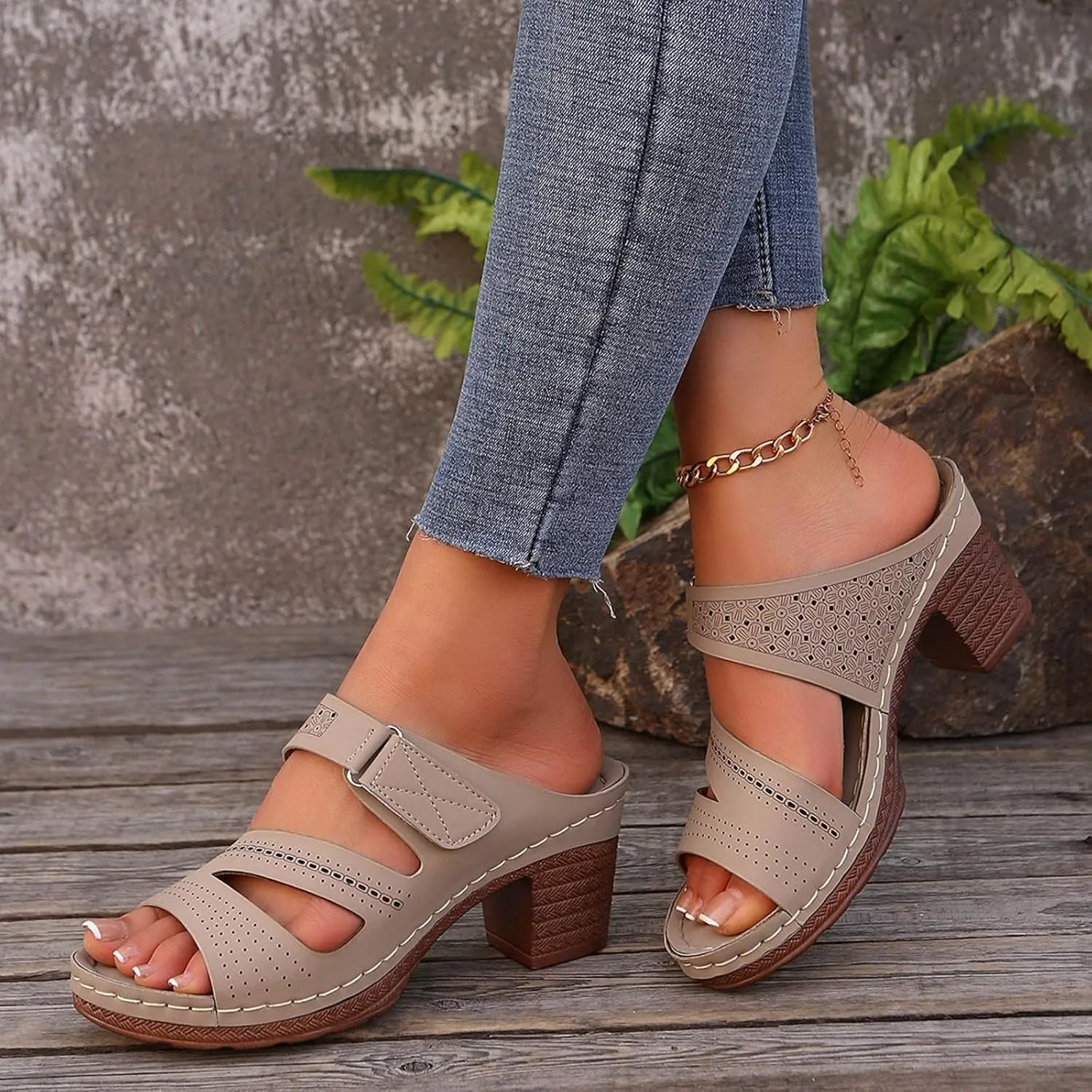 2025 Women Chunky Heels Sandals Fashion Elegant Peep Toe Height Increase Casual Shoe Breathable Slip-On Beach Vacation Slippers Summer Comfortable Ladies Dress Party Dance Walking Footwear