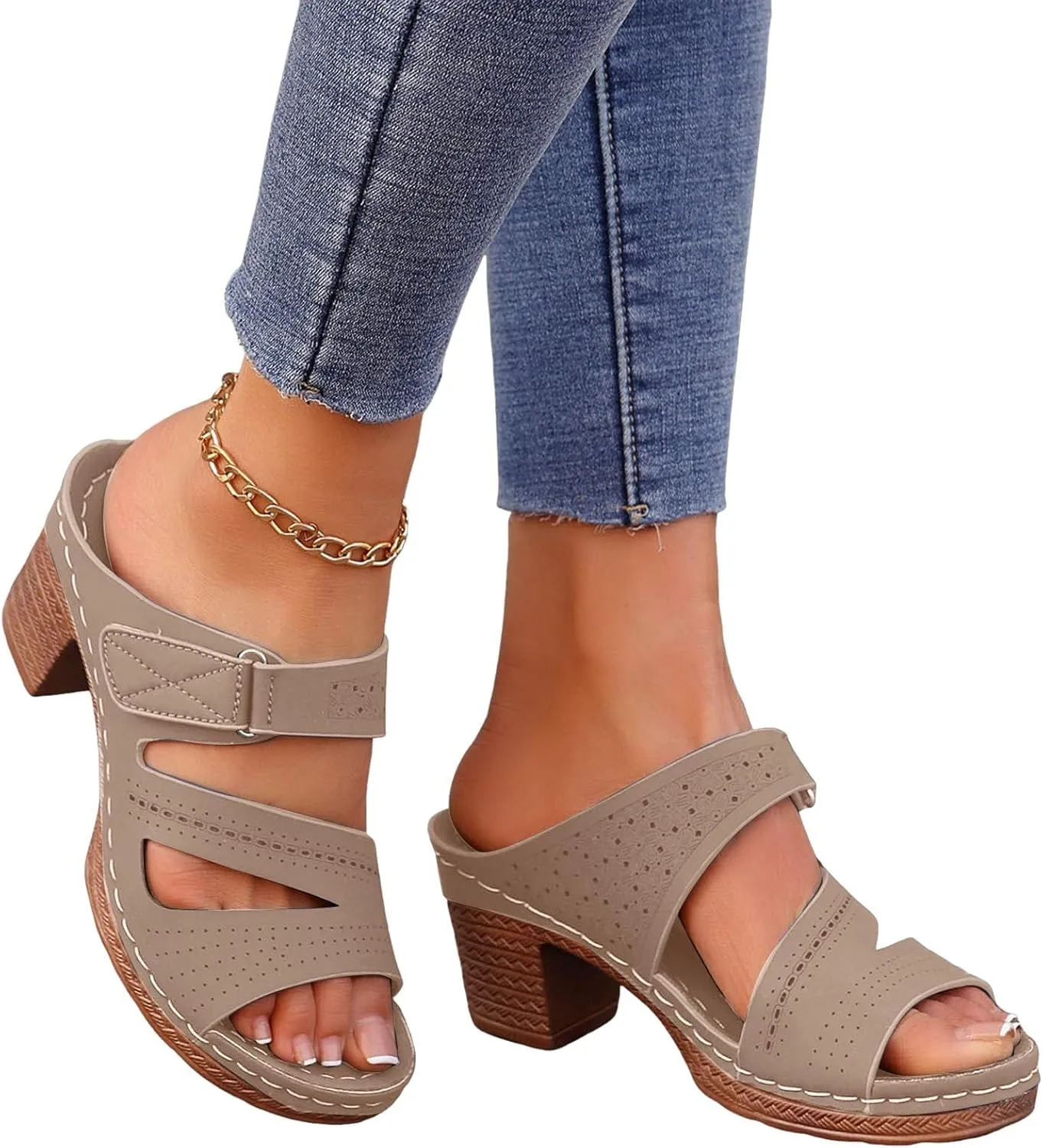 2025 Women Chunky Heels Sandals Fashion Elegant Peep Toe Height Increase Casual Shoe Breathable Slip-On Beach Vacation Slippers Summer Comfortable Ladies Dress Party Dance Walking Footwear