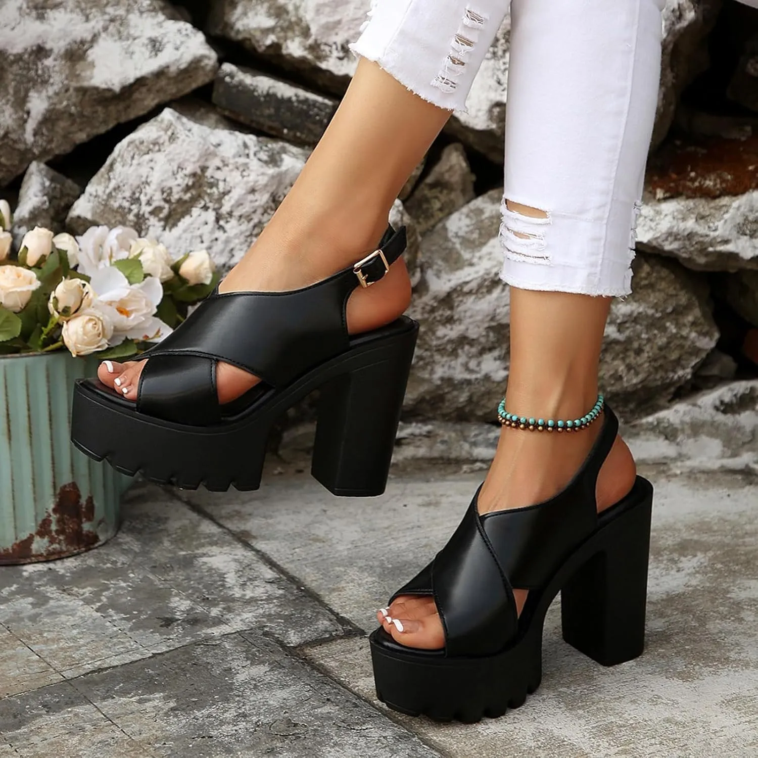 2025 Women Chunky Heels Sandals Fashion Ladies Dress High Heel Slippers Comfortable Dressy Wedding Shoes Breathable Non-Slip Walking Footwear with Adjustable Buckle Summer Outdoor Slip-On Slides