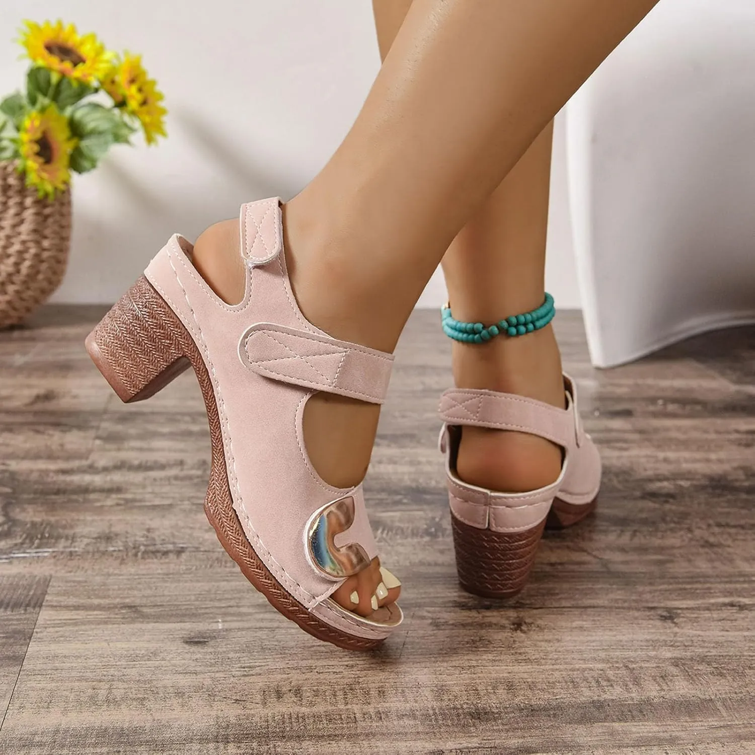 2025 Women Chunky Heels Sandals Summer Slip-On Non-Slip Open Toe Slides Comfortable Breathable Ladies Dress Wedge Heel Shoe Indoor/Outdoor Fashion Dance Party Walking Footwear