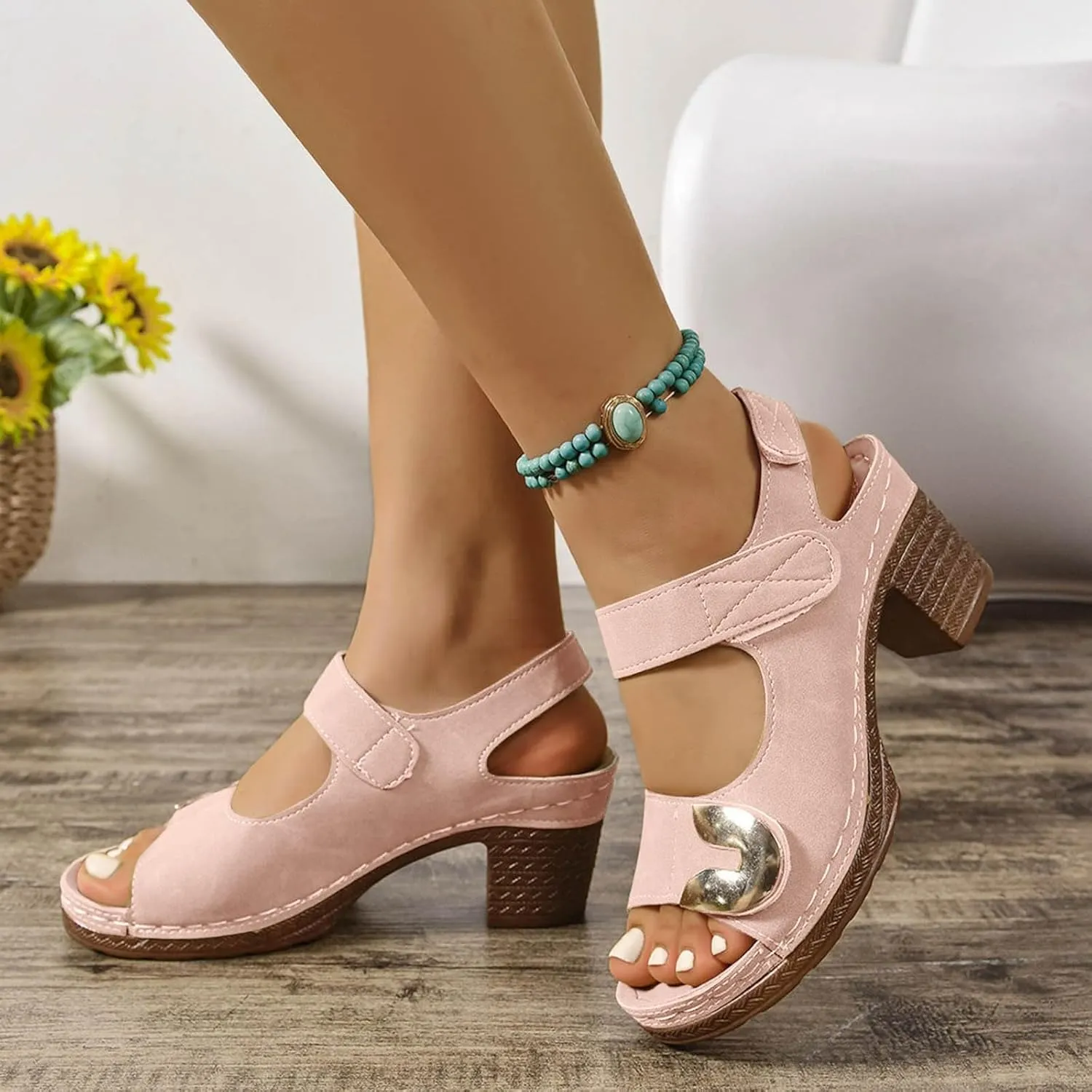 2025 Women Chunky Heels Sandals Summer Slip-On Non-Slip Open Toe Slides Comfortable Breathable Ladies Dress Wedge Heel Shoe Indoor/Outdoor Fashion Dance Party Walking Footwear
