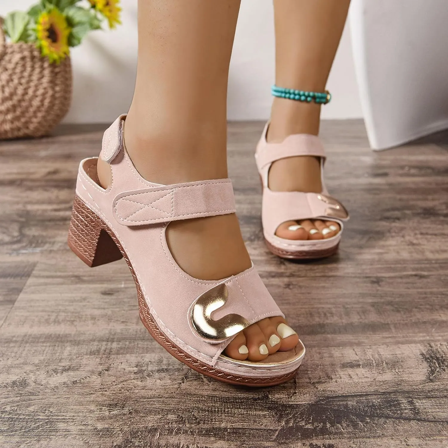 2025 Women Chunky Heels Sandals Summer Slip-On Non-Slip Open Toe Slides Comfortable Breathable Ladies Dress Wedge Heel Shoe Indoor/Outdoor Fashion Dance Party Walking Footwear